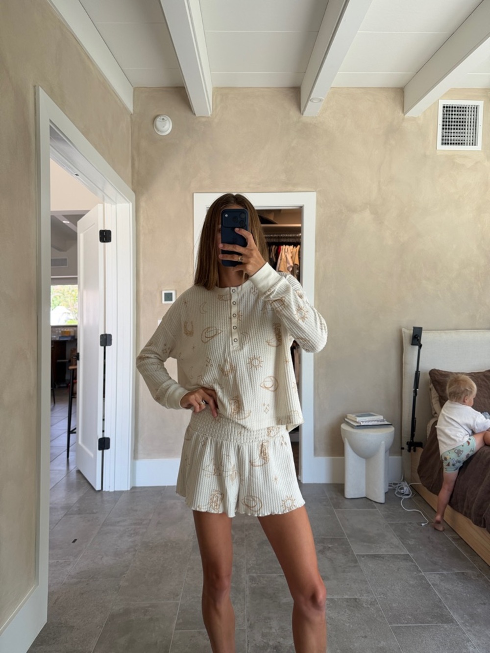 Z Supply Cream Ribbed Two-Piece Lounge Set with Cowboy Print